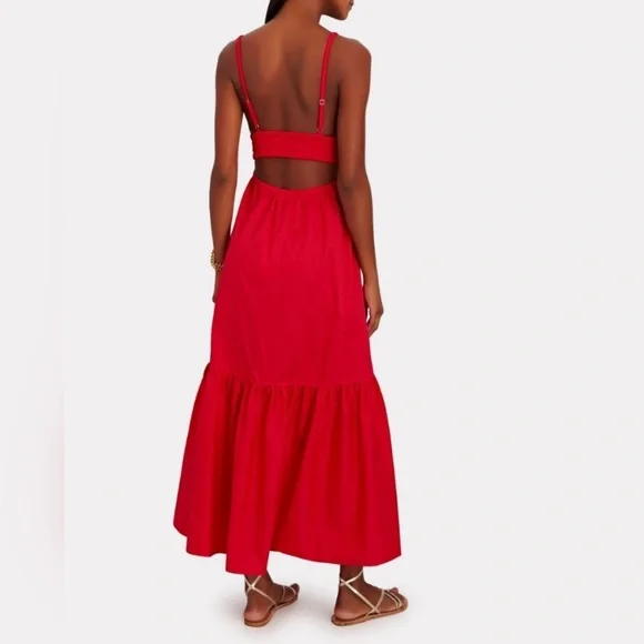 A.L.C. Red Rhodes Cotton Poplin Maxi Dress 4 Tiered Resort Colorful Open Back - Picture 2 of 2